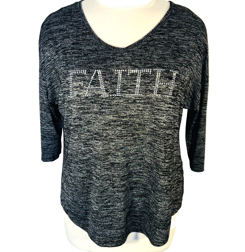 Vanilla Sugar Blouse Womens 2X Salt and Pepper V-Neck 3/4 Sleeve Faith Print